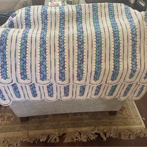 VTG Handmade Crochet Afghan Blanket 44x60 Boho Scalloped Edge Striped Blue Green